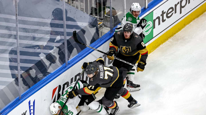 William Karlsson #71 of the Vegas Golden Knights checks Blake Comeau #15 of the Dallas Stars during the third period in Game Five