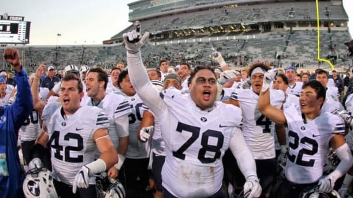 Oct 08, 2016; East Lansing, MI, USA; Brigham Young Cougars offensive lineman Tuni Kanuch (78) celebrates after defeating the Michigan State Spartans at Spartan Stadium. Mandatory Credit: Mike Carter-USA TODAY Sports