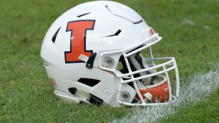 WEST LAFAYETTE, IN - NOVEMBER 04: An Illinois football helmet sits on the field before the start of the Big Ten Conference game between the Illinois Fighting Illini and the Purdue Boilermakers on November 4, 2017, at Ross-Ade Stadium in West Lafayette, Indiana. (Photo by Michael Allio/Icon Sportswire via Getty Images)