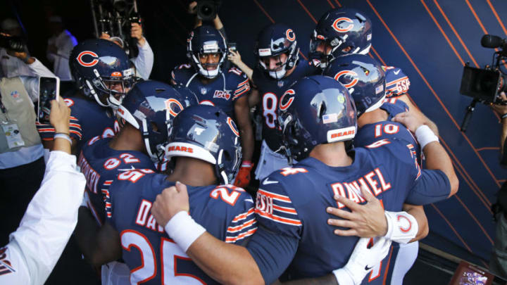 CHICAGO, ILLINOIS - SEPTEMBER 05: Chicago Bears players huddlebefore warmups prior to the game against the Green Bay Packers at Soldier Field on September 05, 2019 in Chicago, Illinois. (Photo by Nuccio DiNuzzo/Getty Images)