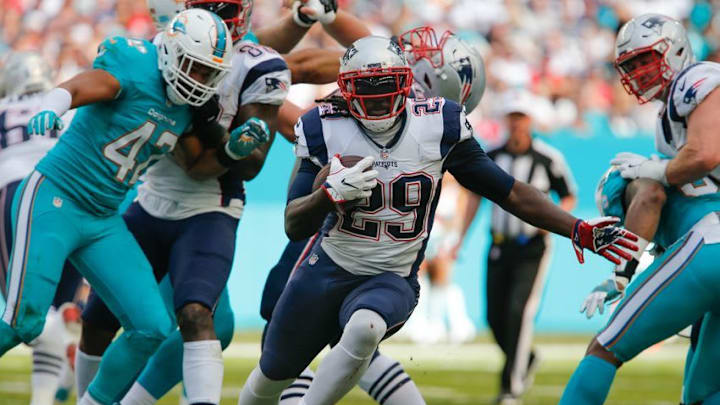 Jan 1, 2017; Miami Gardens, FL, USA; New England Patriots running back LeGarrette Blount (29) during the second quarter of an NFL football game against the Miami Dolphins at Hard Rock Stadium. Mandatory Credit: Reinhold Matay-USA TODAY Sports