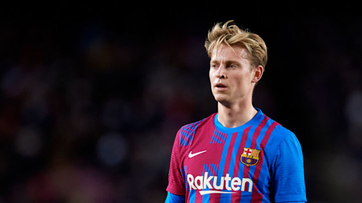 BARCELONA, SPAIN - DECEMBER 04: Frenkie De Jong of FC Barcelona looks on during the La Liga Santander match between FC Barcelona and Real Betis at Camp Nou on December 04, 2021 in Barcelona, Spain. (Photo by Alex Caparros/Getty Images)