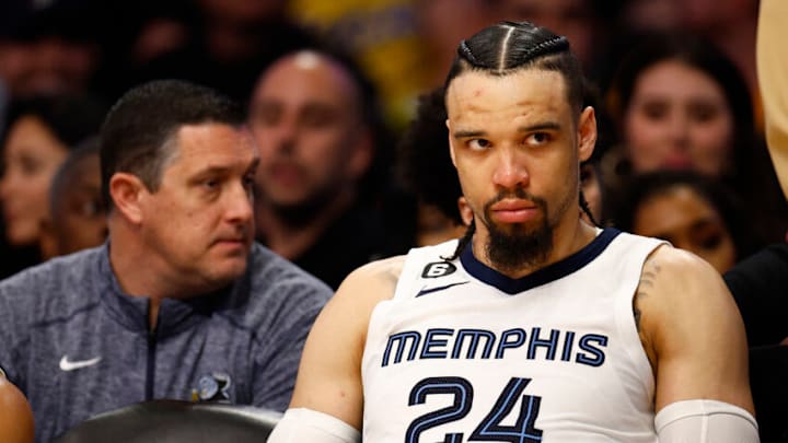 LOS ANGELES, CALIFORNIA - APRIL 28: Dillon Brooks #24 of the Memphis Grizzlies sits on the bench against the Los Angeles Lakers in the second half in Game Six of the Western Conference First Round Playoffs at Crypto.com Arena on April 28, 2023 in Los Angeles, California. NOTE TO USER: User expressly acknowledges and agrees that, by downloading and/or using this photograph, user is consenting to the terms and conditions of the Getty Images License Agreement. (Photo by Ronald Martinez/Getty Images)