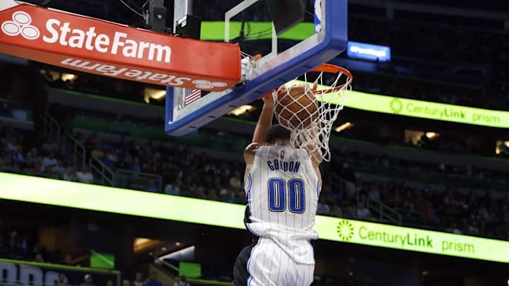 Dec 14, 2016; Orlando, FL, USA; Orlando Magic forward Aaron Gordon (00) dunks backwards against the LA Clippers during the second half at Amway Center. LA Clippers defeated the Orlando Magic 113-108. Mandatory Credit: Kim Klement-USA TODAY Sports