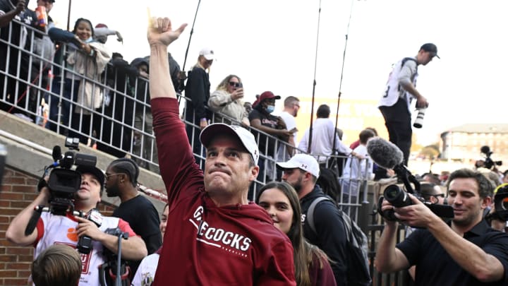 South Carolina football head coach Shane Beamer celebrates