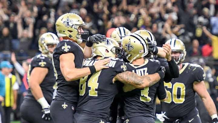 NEW ORLEANS, LA - NOVEMBER 19: New Orleans Saints kicker Wil Lutz (3) is mobbed after kicking the game winning field goal in overtime against the Washington Redskins at the Superdome. (Photo by Jonathan Newton/The Washington Post via Getty Images)