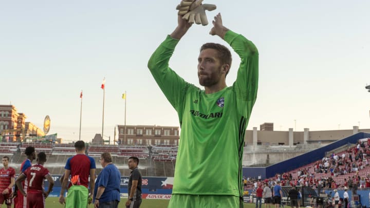 Oct 16, 2016; Dallas, TX, USA; FC Dallas goalkeeper Chris Seitz (18) waves to his fans after the win over the Seattle Sounders at Toyota Stadium. FC Dallas defeats Seattle Sounders 2-1. Mandatory Credit: Jerome Miron-USA TODAY Sports