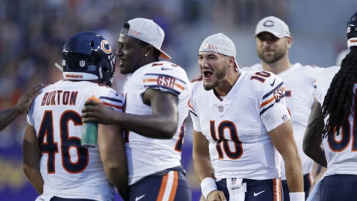 CANTON, OH - AUGUST 02: Mitchell Trubisky #10 of the Chicago Bears reacts after a touchdown reception by Michael Burton #46 in the first quarter of the Hall of Fame Game against the Baltimore Ravens at Tom Benson Hall of Fame Stadium on August 2, 2018 in Canton, Ohio. (Photo by Joe Robbins/Getty Images)