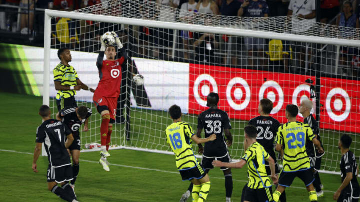 WASHINGTON, DC - JULY 19: Goalkeeper Djordje Petrovic #12 of the MLS-All Stars makes a save during the MLS All-Star Game between Arsenal FC and MLS All-Stars at Audi Field on July 19, 2023 in Washington, DC. (Photo by Tasos Katopodis/Getty Images)