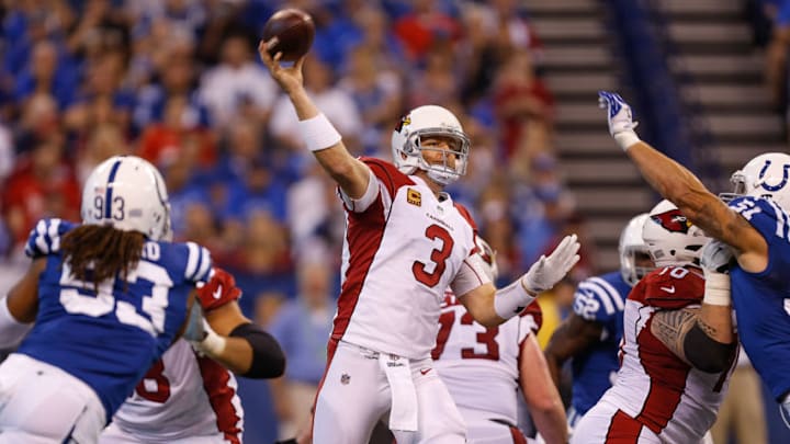 INDIANAPOLIS, IN - SEPTEMBER 17: Carson Palmer No. 3 of the Arizona Cardinals throws a pass against the Indianapolis Colts during the first half at Lucas Oil Stadium on September 17, 2017 in Indianapolis, Indiana. (Photo by Michael Reaves/Getty Images)