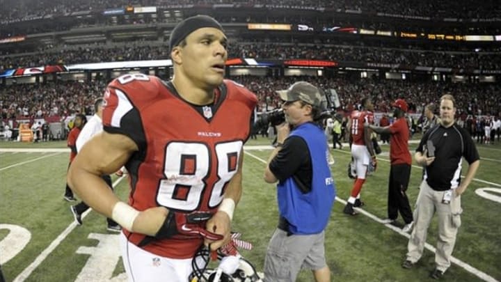 Jan 20, 2013; Atlanta, GA, USA; Atlanta Falcons tight end Tony Gonzalez (88) reacts after losing the NFC Championship game against the San Francisco 49ers at the Georgia Dome. The 49ers won 28-24. Mandatory Credit: Dale Zanine-USA TODAY Sports