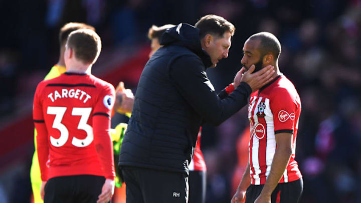 SOUTHAMPTON, ENGLAND - APRIL 27: Ralph Hasenhuettl, Manager of Southampton consoles Nathan Redmond of Southampton following their sides draw in the Premier League match between Southampton FC and AFC Bournemouth at St Mary's Stadium on April 27, 2019 in Southampton, United Kingdom. (Photo by Stu Forster/Getty Images)