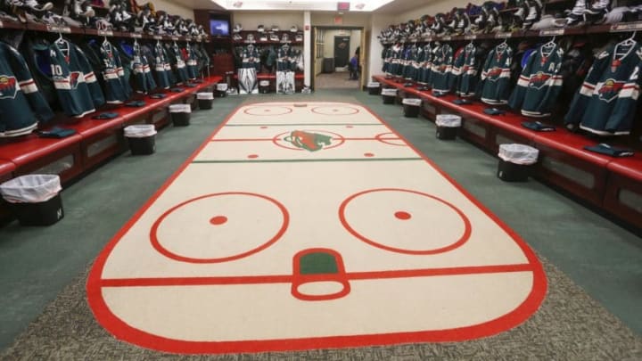 ST. PAUL, MN - OCTOBER 26: The Minnesota Wild locker room prior to the game against the New York Islanders at the Xcel Energy Center on October 26, 2017 in St. Paul, Minnesota. (Photo by Bruce Kluckhohn/NHLI via Getty Images)