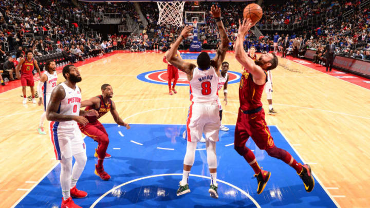Cleveland Cavaliers Kevin Love and Detroit Pistons Markieff Morris. (Photo by Chris Schwegler/NBAE via Getty Images)