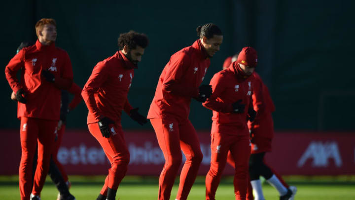 LIVERPOOL, ENGLAND - DECEMBER 09: Mohamed Salah, Virgil van Dijk and Xherdan Shaqiri of Liverpool participate in a training session ahead of their UEFA Champions League Group E match against RB Salzburg at Melwood Training Ground on December 09, 2019 in Liverpool, England. (Photo by Nathan Stirk/Getty Images)