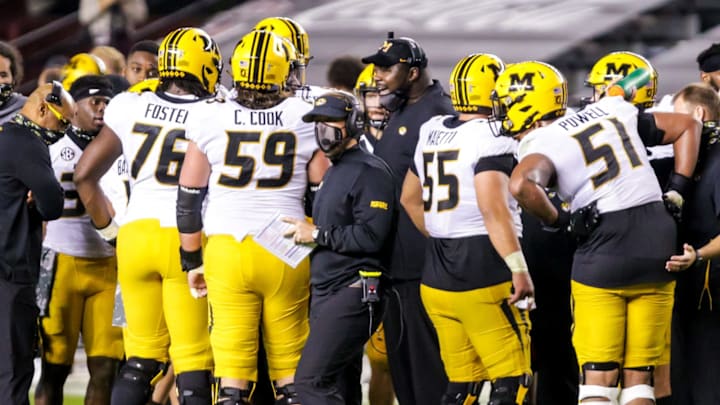 Nov 21, 2020; Columbia, South Carolina, USA; Missouri Tigers head coach Eliah Drinkwitz directs his team against the South Carolina Gamecocks in the second quarter at Williams-Brice Stadium. Mandatory Credit: Jeff Blake-USA TODAY Sports