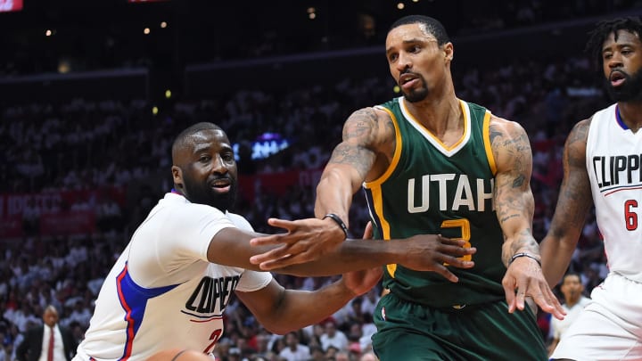 Apr 30, 2017; Los Angeles, CA, USA; Los Angeles Clippers guard Raymond Felton (2) defends a pass by Utah Jazz guard George Hill (3) in the second period of game seven of the first round of the 2017 NBA Playoffs at Staples Center. Mandatory Credit: Jayne Kamin-Oncea-USA TODAY Sports