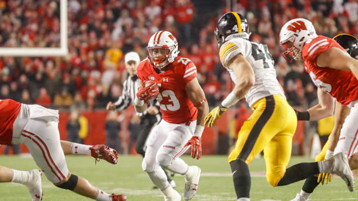 MADISON, WI - NOVEMBER 11: Wisconsin Badger running back Jonathan Taylor (23) can't find a hole but not the end zone on this run during a Big Ten football game between the University of Wisconsin Badgers and the the University of Iowa Hawkeyes on November 11, 2017, at Camp Randall Stadium in Madison, WI. (Photo by Lawrence Iles/Icon Sportswire via Getty Images)