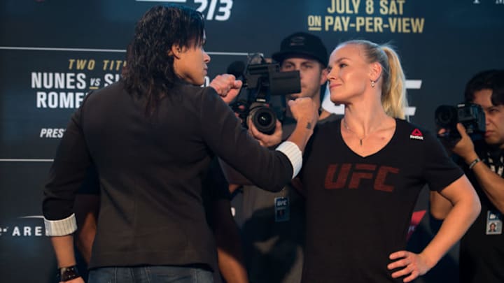 LAS VEGAS, NV - JULY 06: (L-R) UFC bantamweight champion Amanda Nunes of Brazil and Valentina Shevchenko of Peru face off during the UFC 213 Ultimate Media Day at T-Mobile Arena on July 6, 2017 in Las Vegas, Nevada. (Photo by Brandon Magnus/Zuffa LLC/Zuffa LLC via Getty Images)