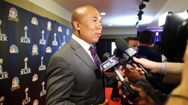 Jan 27, 2015; Phoenix, AZ, USA; NBA analyst Hines Ward talks to reporters during the NBC Sports Group Press Conference at Media Center-Press Conference Room B. Mandatory Credit: Peter Casey-USA TODAY Sports