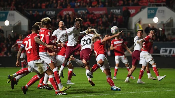 BRISTOL, ENGLAND - SEPTEMBER 28: Birkir Bjarnason (20) of Aston Villa scores during the Sky Bet Championship match between Bristol City and Aston Villa at Ashton Gate on September 28, 2018 in Bristol, England. (Photo by Dan Mullan/Getty Images)