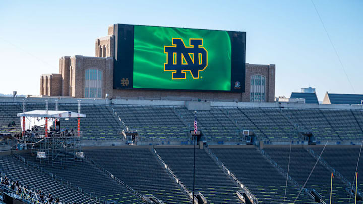 Nov 7, 2020; Notre Dame, Indiana, USA; A general view of the ESPN College Gameday set in Notre Dame Stadium before the game between the Notre Dame Fighting Irish and the Clemson Tigers. Mandatory Credit: Matt Cashore-USA TODAY Sports