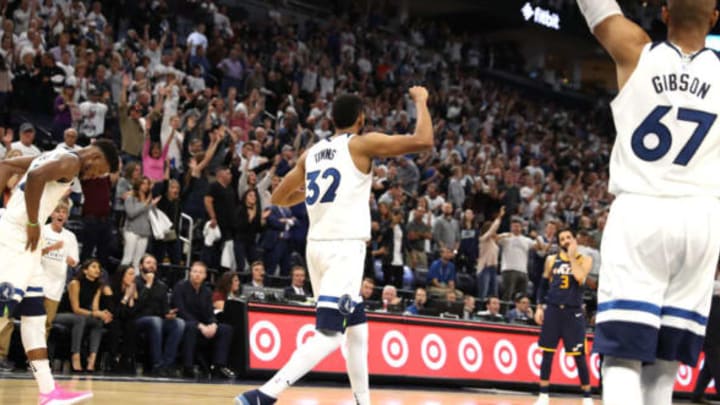 MINNEAPOLIS, MN – OCTOBER 20: Karl-Anthony Towns #32 of the Minnesota Timberwolves celebrates a win against the Utah Jazz on October 20, 2017 at Target Center in Minneapolis, Minnesota. NOTE TO USER: User expressly acknowledges and agrees that, by downloading and or using this Photograph, user is consenting to the terms and conditions of the Getty Images License Agreement. Mandatory Copyright Notice: Copyright 2017 NBAE (Photo by Jordan Johnson/NBAE via Getty Images)