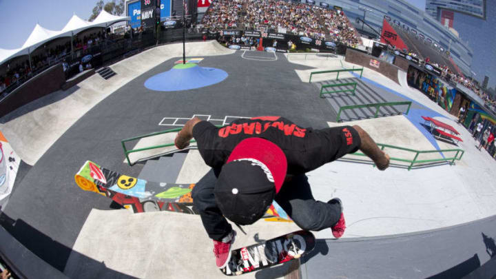 LOS ANGELES, CA - JULY 01: Manny Santiago of the U.S skates during Skateboard Street Finals at the X Games Los Angeles 2012 at LA Live Event Deck July 1, 2012 in Los Angeles, California. (Photo by Christian Pondella/Getty Images)