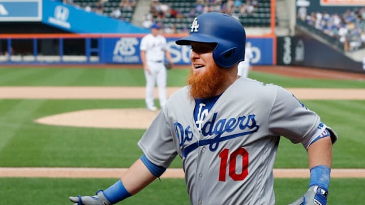 NEW YORK, NY - JUNE 24: Justin Turner #10 of the Los Angeles Dodgers celebrates his eleventh inning home run against Chris Flexen #64 of the New York Mets at Citi Field on June 24, 2018 in the Flushing neighborhood of the Queens borough of New York City. (Photo by Jim McIsaac/Getty Images)