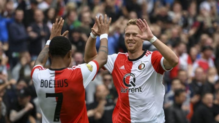 ROTTERDAM, NETHERLANDS - JULY 29: Jean-Paul Boetius and Nicolai Jorgensen of Feyenoord celebrate a goal during the friendly match between Feyenoord and Real Sociedad at De Kuip or Stadion Feijenoord on July 29, 2017 in Rotterdam, Netherlands. (Photo by Andy Astfalck/Getty Images)