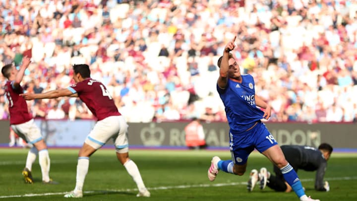 LONDON, ENGLAND - APRIL 20: Harvey Barnes of Leicester City celebrates after scoring his team's second goal during the Premier League match between West Ham United and Leicester City at London Stadium on April 20, 2019 in London, United Kingdom. (Photo by Jordan Mansfield/Getty Images) LONDON, ENGLAND - APRIL 20: Harvey Barnes of Leicester City celebrates after scoring his team's second goal during the Premier League match between West Ham United and Leicester City at London Stadium on April 20, 2019 in London, United Kingdom. (Photo by Jordan Mansfield/Getty Images)