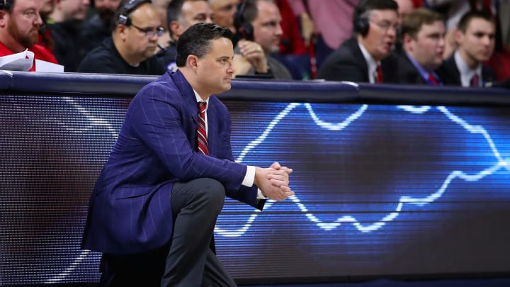 TUCSON, ARIZONA – FEBRUARY 07: Head coach Sean Miller of the Arizona Wildcats looks on during the first half of the NCAAB game against the Washington Huskies at McKale Center on February 07, 2019 in Tucson, Arizona. (Photo by Christian Petersen/Getty Images)