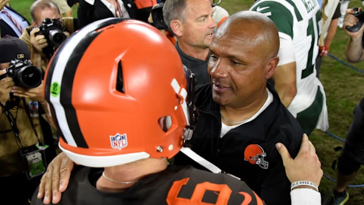 CLEVELAND, OH - SEPTEMBER 20: Head coach Hue Jackson of the Cleveland Browns celebrates with Baker Mayfield #6 after a 21-17 win over the New York Jets at FirstEnergy Stadium on September 20, 2018 in Cleveland, Ohio. (Photo by Jason Miller/Getty Images)