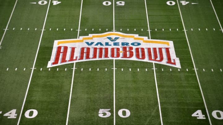 Jan 2, 2016; San Antonio, TX, USA; General view of the Valero Alamo Bowl logo at midfield before the 2016 Alamo Bowl between the TCU Horned Frogs and the Oregon Ducks at Alamodome. Mandatory Credit: Kirby Lee-USA TODAY Sports