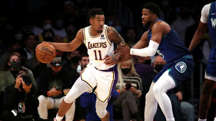 LOS ANGELES, CALIFORNIA - JANUARY 02: Malik Monk #11 of the Los Angeles Lakers controls the ball against Malik Beasley #5 of the Minnesota Timberwolves during the first quarter at Crypto.com Arena on January 02, 2022 in Los Angeles, California. NOTE TO USER: User expressly acknowledges and agrees that, by downloading and or using this photograph, User is consenting to the terms and conditions of the Getty Images License Agreement. (Photo by Katelyn Mulcahy/Getty Images) LOS ANGELES, CALIFORNIA - JANUARY 02: Malik Monk #11 of the Los Angeles Lakers controls the ball against Malik Beasley #5 of the Minnesota Timberwolves during the first quarter at Crypto.com Arena on January 02, 2022 in Los Angeles, California. NOTE TO USER: User expressly acknowledges and agrees that, by downloading and or using this photograph, User is consenting to the terms and conditions of the Getty Images License Agreement. (Photo by Katelyn Mulcahy/Getty Images)