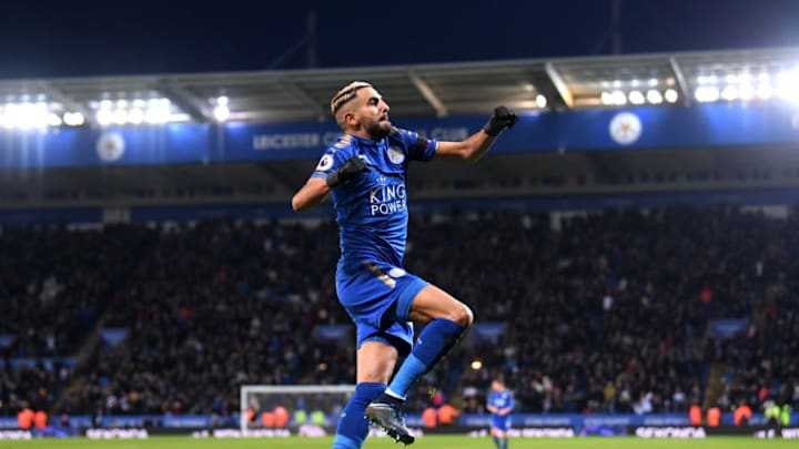 LEICESTER, ENGLAND - JANUARY 20: Riyad Mahrez of Leicester City celebrates scoring his side's second goal during the Premier League match between Leicester City and Watford at The King Power Stadium on January 20, 2018 in Leicester, England. (Photo by Laurence Griffiths/Getty Images)