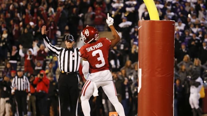 Nov 21, 2015; Norman, OK, USA; Oklahoma Sooners wide receiver Sterling Shepard (3) reacts after catching a touchdown pass during the first half against the TCU Horned Frogs at Gaylord Family – Oklahoma Memorial Stadium. Mandatory Credit: Kevin Jairaj-USA TODAY Sports