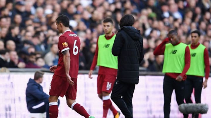 LONDON, ENGLAND - OCTOBER 22: Dejan Lovren of Liverpool walks off during the Premier League match between Tottenham Hotspur and Liverpool at Wembley Stadium on October 22, 2017 in London, England. (Photo by David Ramos/Getty Images)