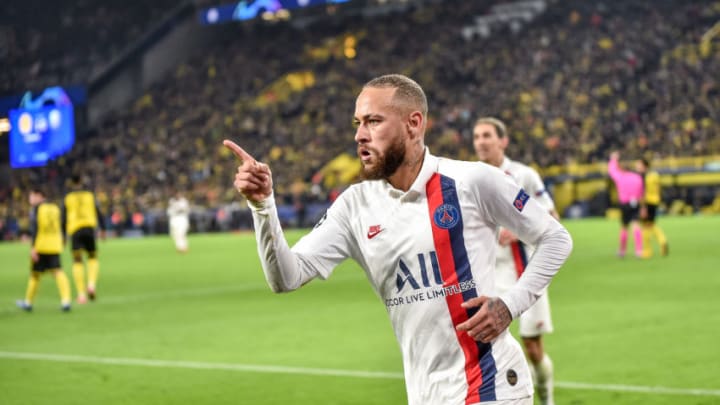 DORTMUND, GERMANY - FEBRUARY 18: Neymar of Paris Saint Germain celebrates scoring a goal during the UEFA Champions League round of 16 first leg match between Borussia Dortmund and Paris Saint-Germain at Signal Iduna Park on February 18, 2020 in Dortmund, Germany. (Photo by PressFocus/MB Media/Getty Images)