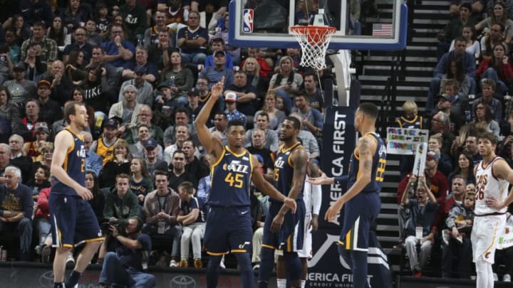 SALT LAKE CITY, UT - DECEMBER 30: Donovan Mitchell #45 of the Utah Jazz reacts during game against the Cleveland Cavaliers on December 30, 2017 at Vivint Smart Home Arena in Salt Lake City, Utah. NOTE TO USER: User expressly acknowledges and agrees that, by downloading and or using this Photograph, User is consenting to the terms and conditions of the Getty Images License Agreement. Mandatory Copyright Notice: Copyright 2017 NBAE (Photo by Melissa Majchrzak/NBAE via Getty Images)