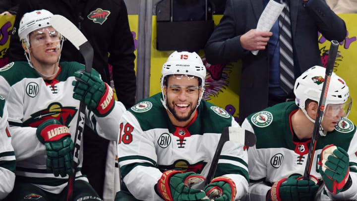 ANAHEIM, CA - NOVEMBER 09: Minnesota Wild leftwing Jordan Greenway (18) is all smiles on the bench during the third period of a game against the Anaheim Ducks played on November 11, 2018 at the Honda Center in Anaheim, CA. (Photo by John Cordes/Icon Sportswire via Getty Images)