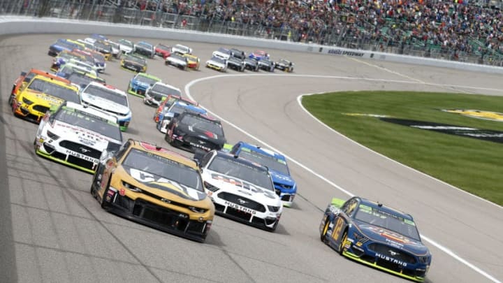 KANSAS CITY, KANSAS - OCTOBER 20: Daniel Hemric, driver of the #8 Caterpillar Chevrolet, leads the field after the start of the Monster Energy NASCAR Cup Series Hollywood Casino 400 at Kansas Speedway on October 20, 2019 in Kansas City, Kansas. (Photo by Brian Lawdermilk/Getty Images)