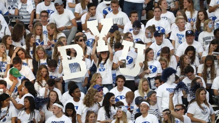 Sep 17, 2016; Provo, UT, USA; Brigham Young Cougars fans show their spirit prior to their game against the UCLA Bruins at Lavell Edwards Stadium. Mandatory Credit: Jeff Swinger-USA TODAY Sports