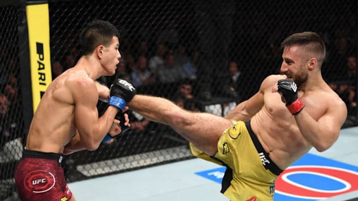 STOCKHOLM, SWEDEN - JUNE 01: (R-L) Daniel Teymur of Sweden kicks Sung Bin Jo of South Korea in their featherweight bout during the UFC Fight Night event at Ericsson Globe on June 1, 2019 in Stockholm, Sweden. (Photo by Jeff Bottari/Zuffa LLC/Zuffa LLC via Getty Images)