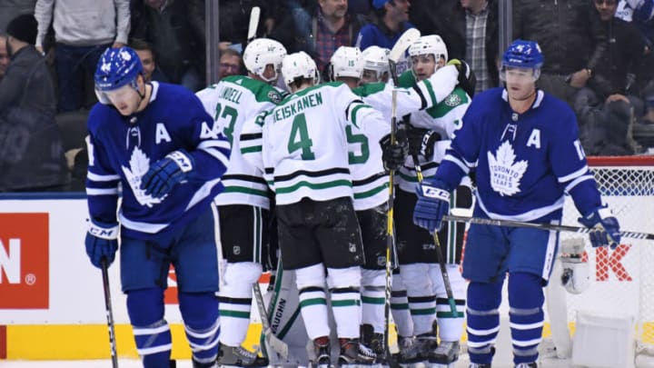 TORONTO, ON - NOVEMBER 01: Dallas Stars team mates celebrate as Toronto Maple Leafs Defenceman Morgan Rielly (44) and Left Wing Patrick Marleau (12) leave the ice after the regular season NHL game between the Dallas Stars and Toronto Maple Leafs on November 1, 2018 at Scotiabank Arena in Toronto, ON (Photo by Gerry Angus/Icon Sportswire via Getty Images)