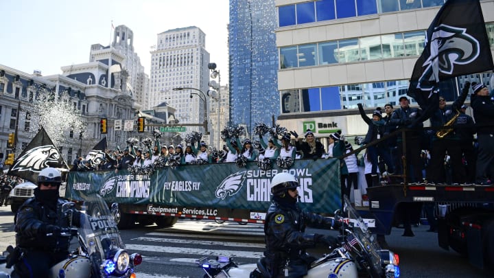 PHILADELPHIA, PA – FEBRUARY 08: The Philadelphia Eagles cheerleaders wave to fans during festivities on February 8, 2018 in Philadelphia, Pennsylvania. The city celebrated the Philadelphia Eagles’ Super Bowl LII championship with a victory parade. (Photo by Corey Perrine/Getty Images)