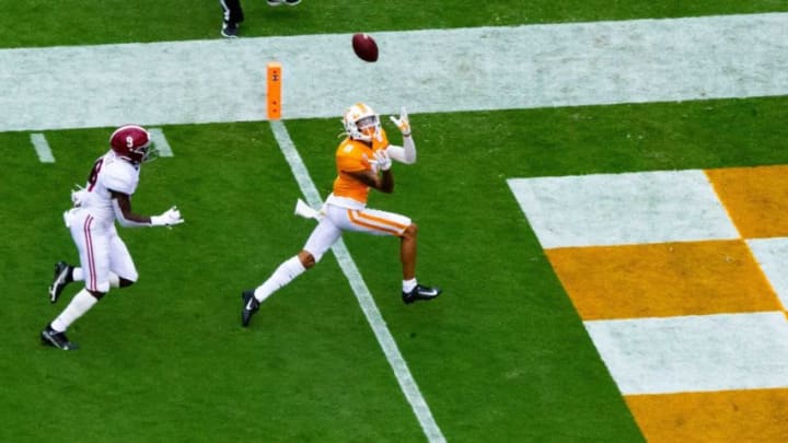 Tennessee wide receiver Jalin Hyatt (11) prepares to catch the ball for an eventual touchdown during the Alabama and Tennessee football game at Neyland Stadium at the University of Tennessee in Knoxville, Tenn., on Saturday, Oct. 24, 2020.Tennessee Vs Alabama Football 100771