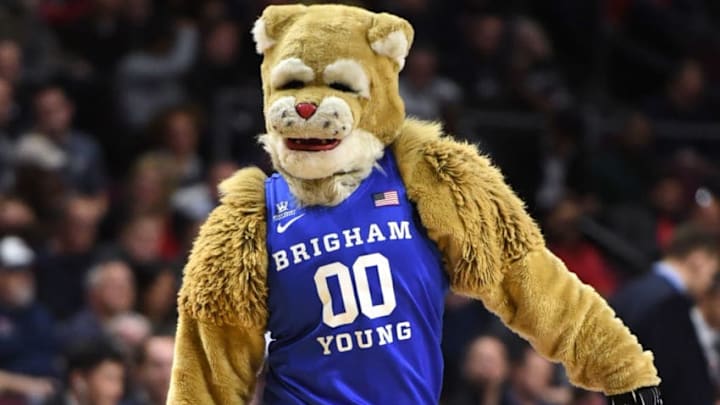 LAS VEGAS, NV - MARCH 05: Brigham Young Cougars mascot Cosmo the Cougar walks on the court during the team's semifinal game of the West Coast Conference basketball tournament against the Saint Mary's Gaels at the Orleans Arena on March 5, 2018 in Las Vegas, Nevada. The Cougars won 85-72. (Photo by Ethan Miller/Getty Images)
