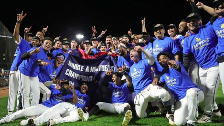 The 2021 Akron RubberDucks celebrate after a walk-off win against the Bowie Baysox in the Class AA Northeast Championship at Canal Park, Friday, Sept. 24, 2021, in Akron, Ohio.Rubberducks 13