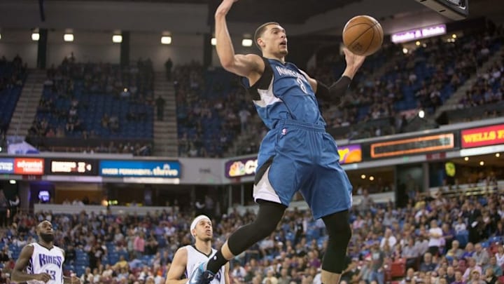 Apr 7, 2016; Sacramento, CA, USA; Minnesota Timberwolves guard Zach LaVine (8) dunks the ball against the Sacramento Kings in the first quarter at Sleep Train Arena. Mandatory Credit: Neville E. Guard-USA TODAY Sports